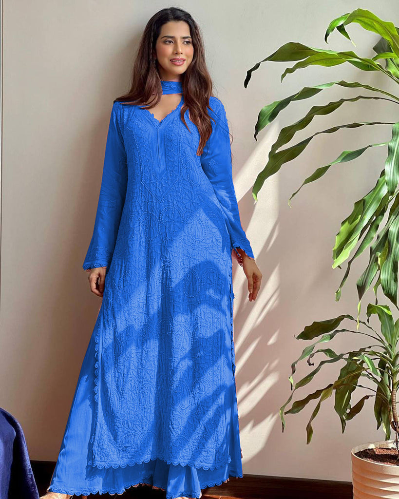 Chikankari Embroidered Kurta Palazzo Dupatta Set – Elegant Ethnic Wear for Every Occasion