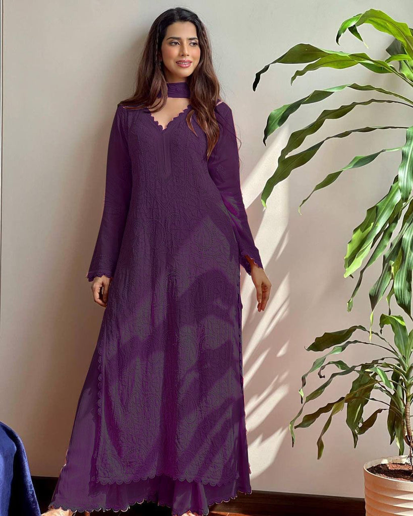 Chikankari Embroidered Kurta Palazzo Dupatta Set – Elegant Ethnic Wear for Every Occasion