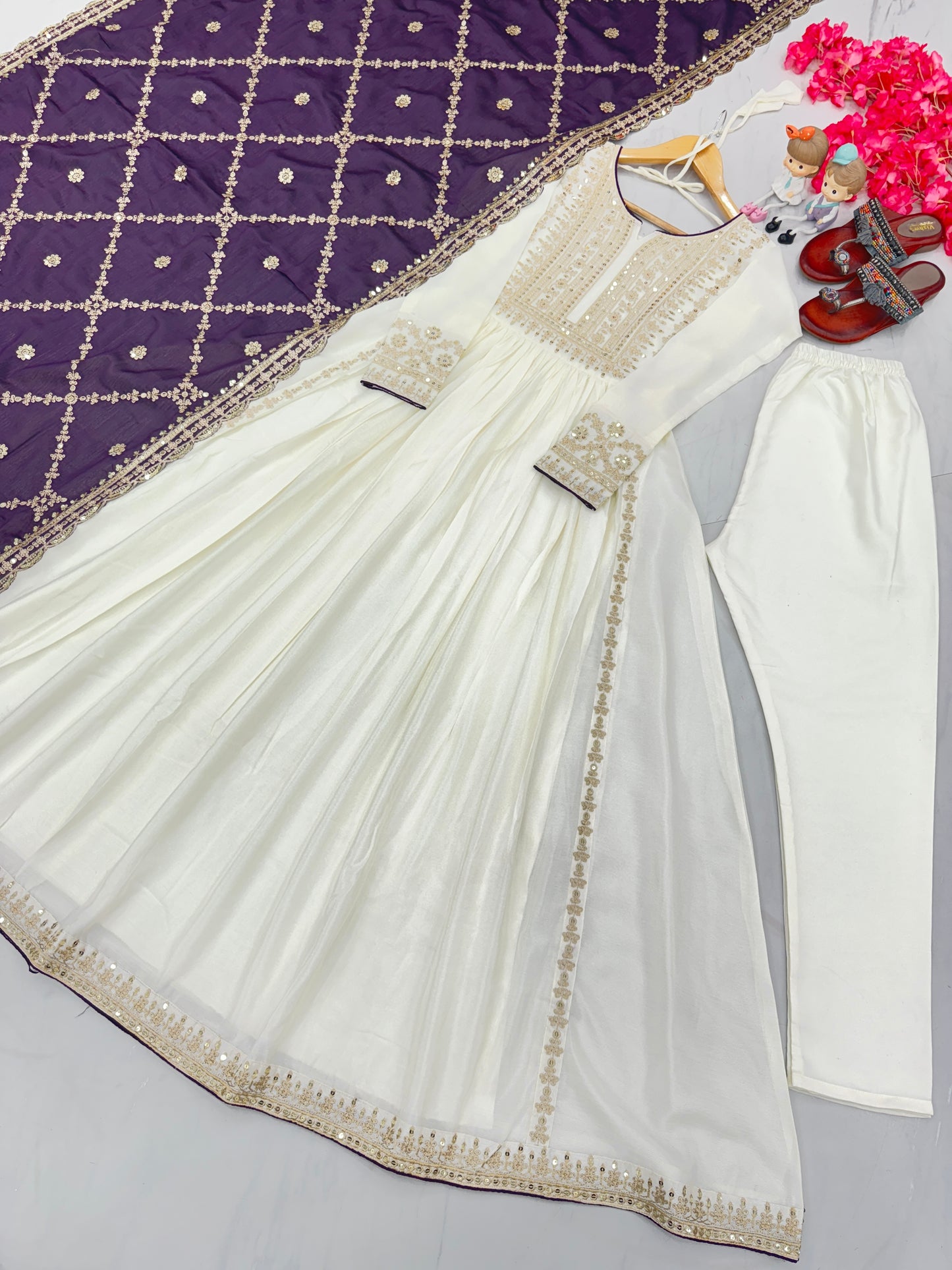Magnificent Pure Chinon Silk Sequins Embroidered Anarkali Pant Suit - INDIAN ELEGANCE