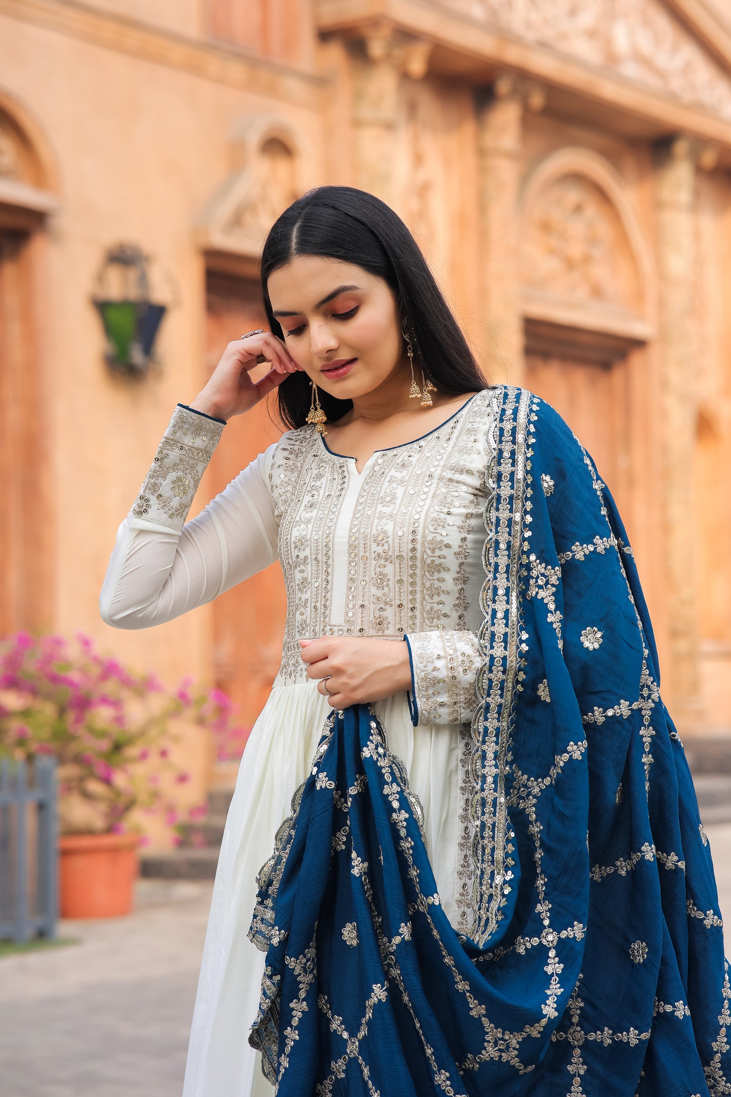 Magnificent Pure Chinon Silk Sequins Embroidered Anarkali Pant Suit - INDIAN ELEGANCE