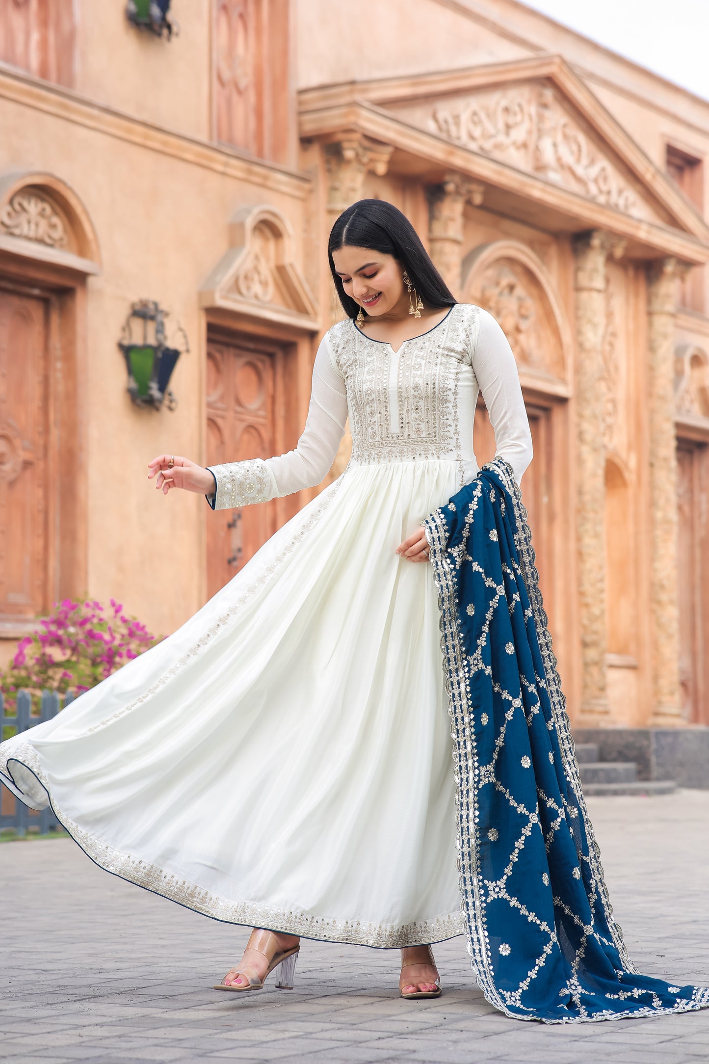 Magnificent Pure Chinon Silk Sequins Embroidered Anarkali Pant Suit - INDIAN ELEGANCE