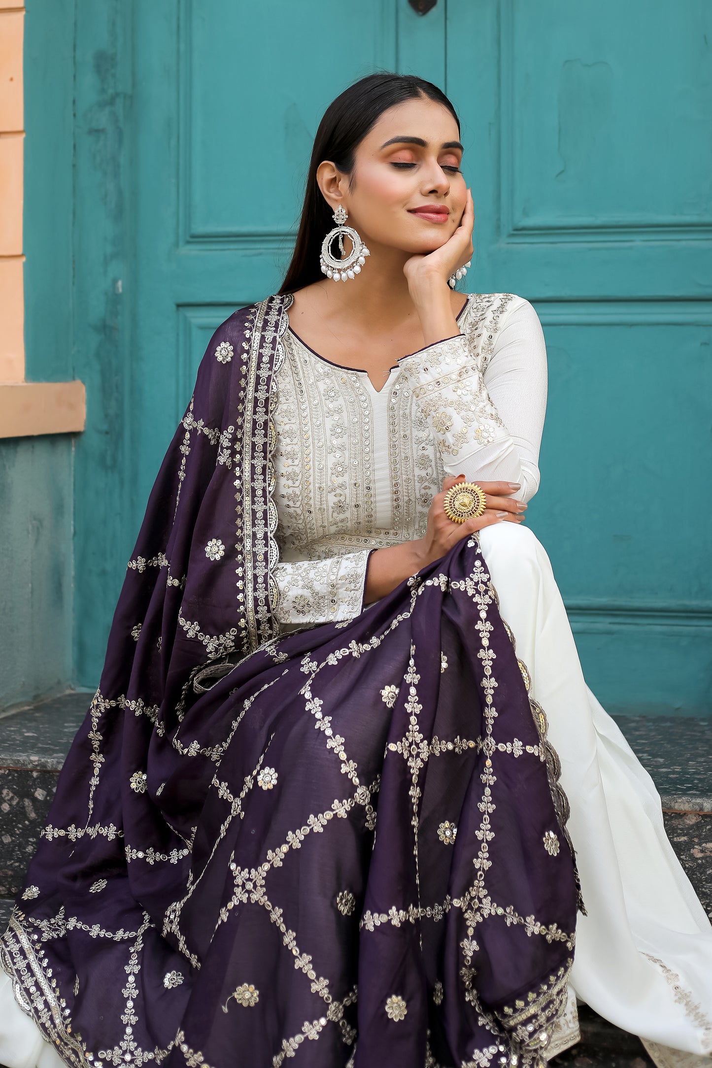 Magnificent Pure Chinon Silk Sequins Embroidered Anarkali Pant Suit - INDIAN ELEGANCE