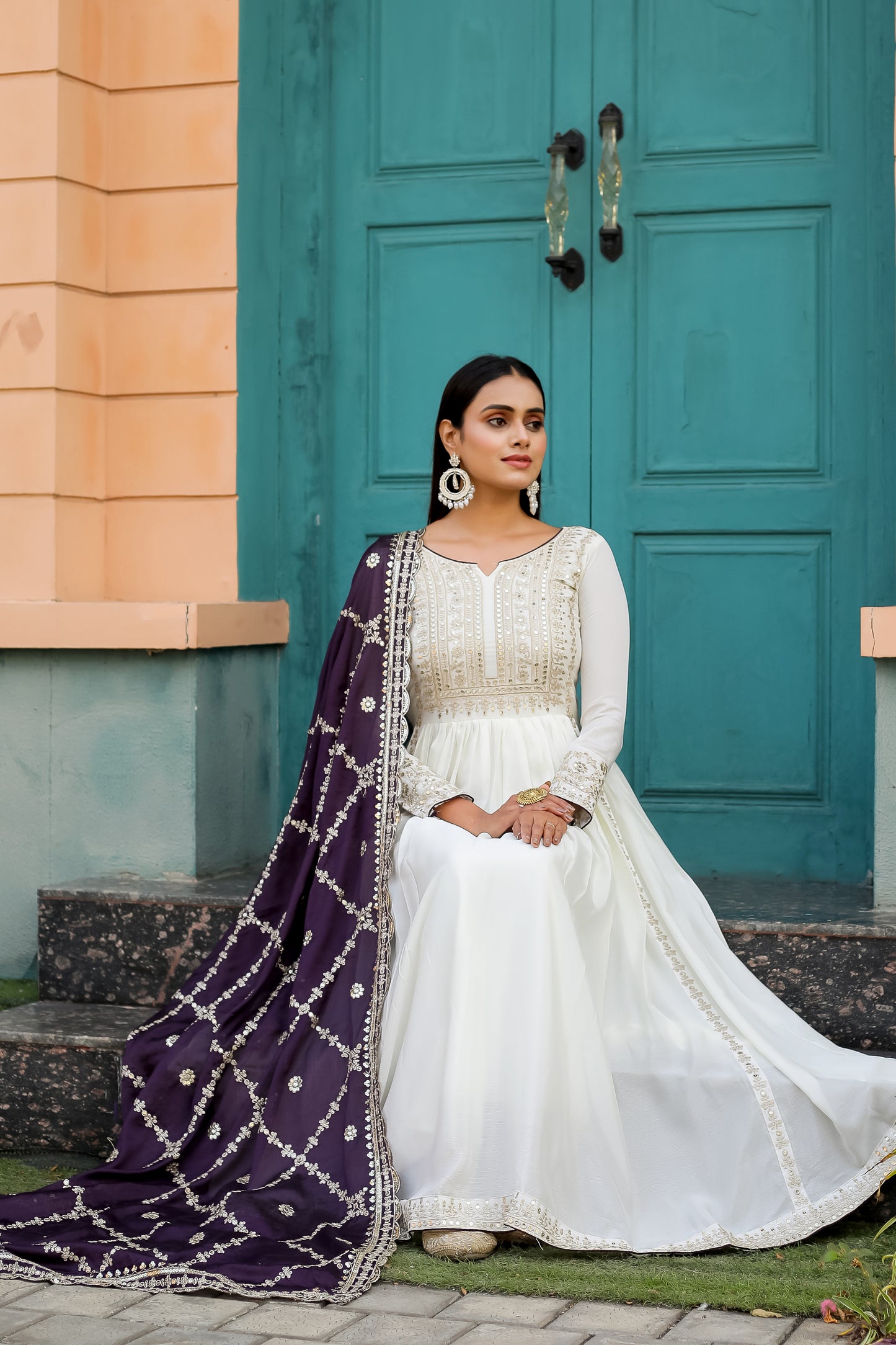 Magnificent Pure Chinon Silk Sequins Embroidered Anarkali Pant Suit - INDIAN ELEGANCE