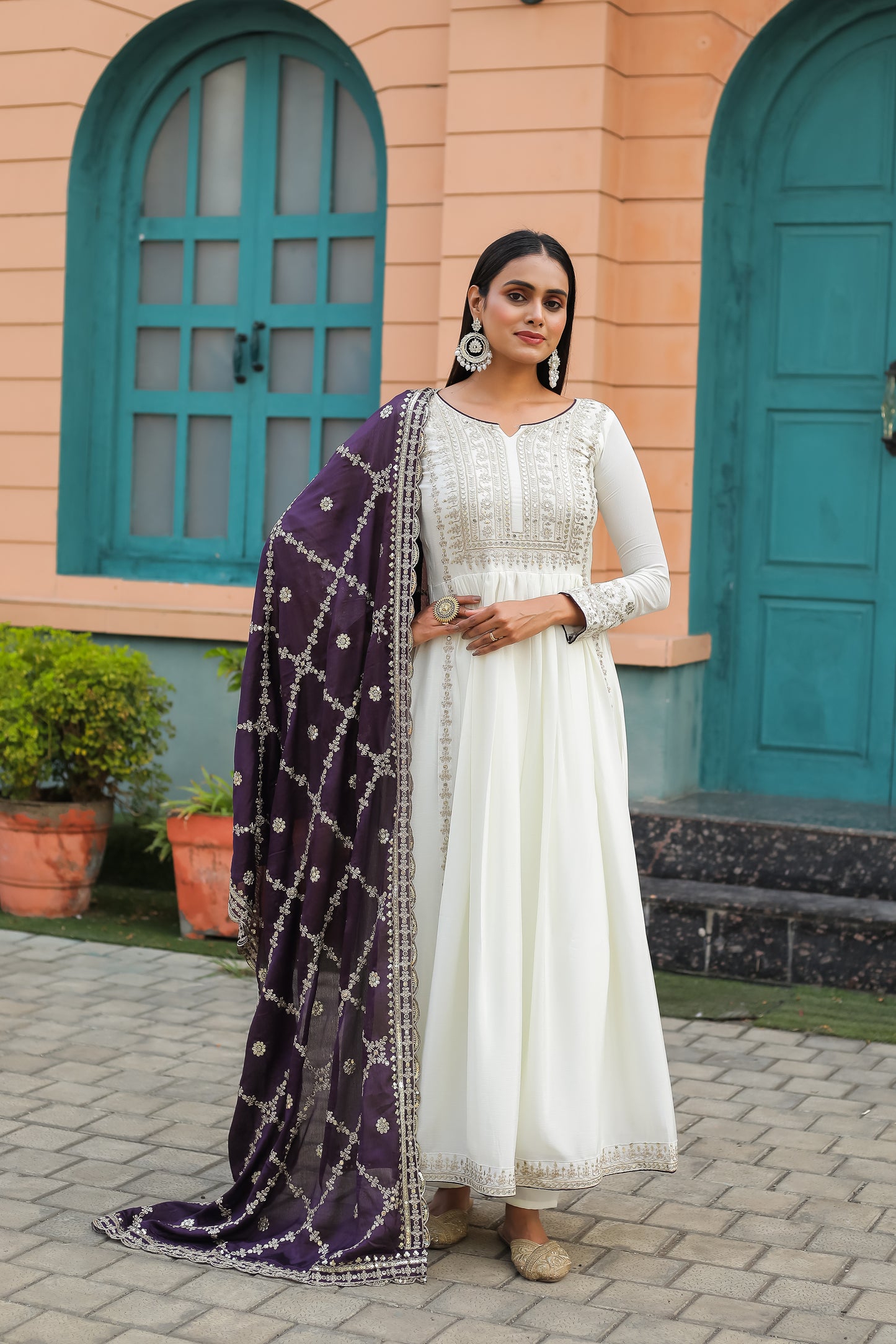 Magnificent Pure Chinon Silk Sequins Embroidered Anarkali Pant Suit - INDIAN ELEGANCE