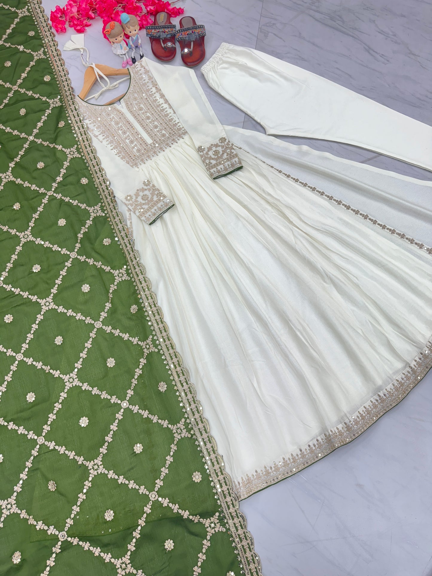 Magnificent Pure Chinon Silk Sequins Embroidered Anarkali Pant Suit - INDIAN ELEGANCE