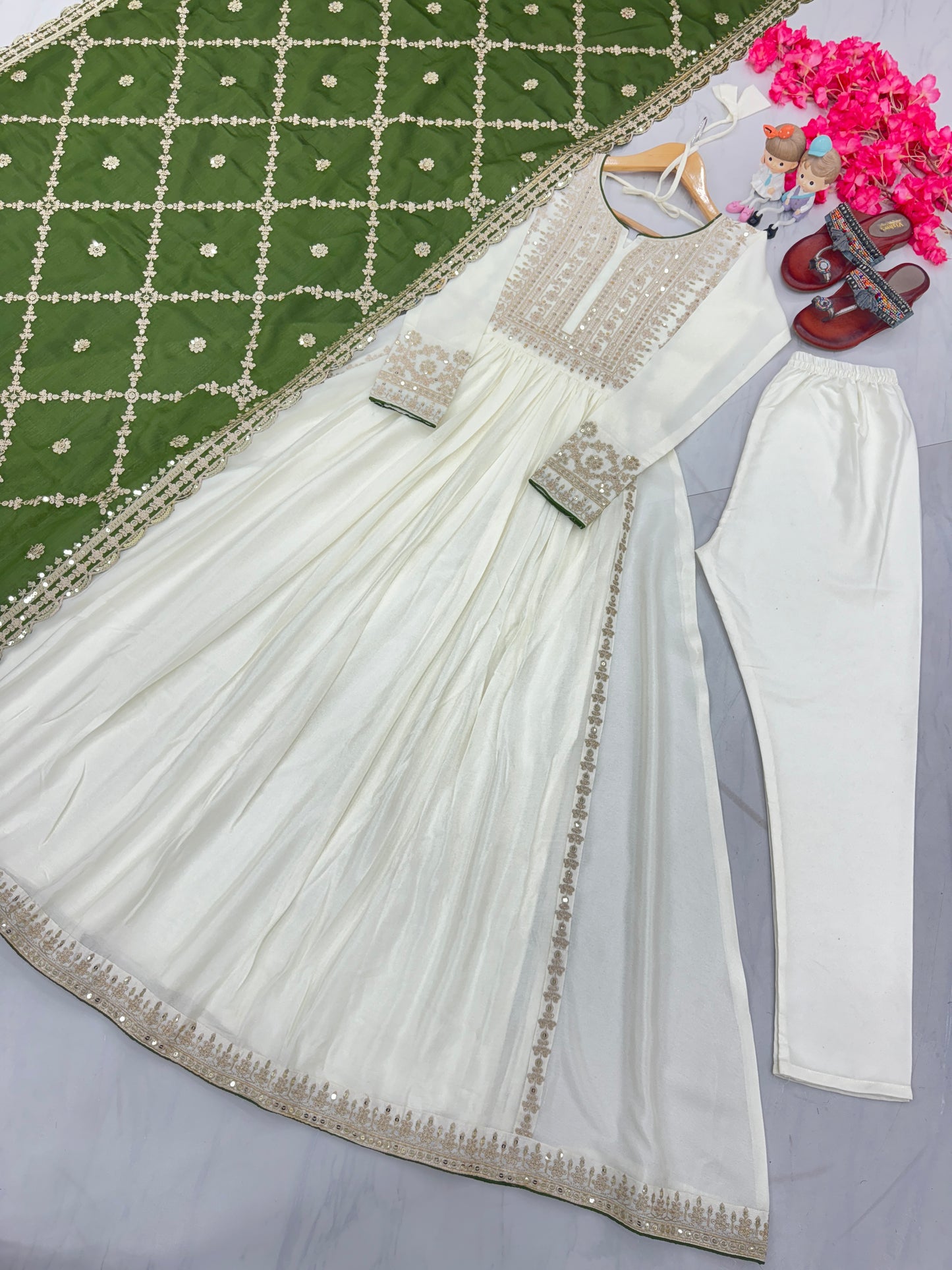 Magnificent Pure Chinon Silk Sequins Embroidered Anarkali Pant Suit - INDIAN ELEGANCE