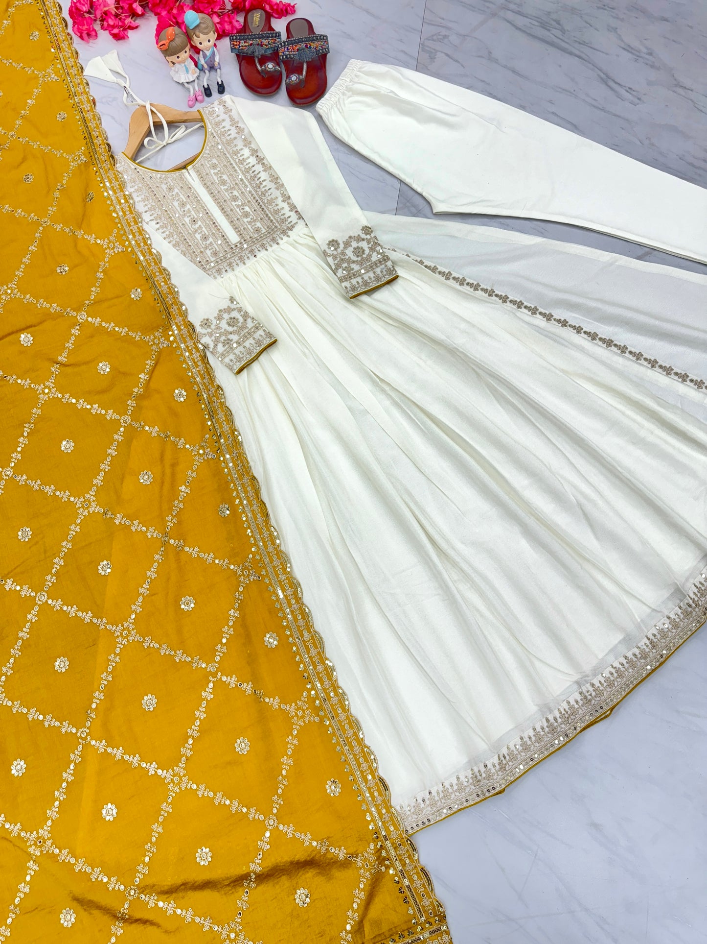 Magnificent Pure Chinon Silk Sequins Embroidered Anarkali Pant Suit - INDIAN ELEGANCE
