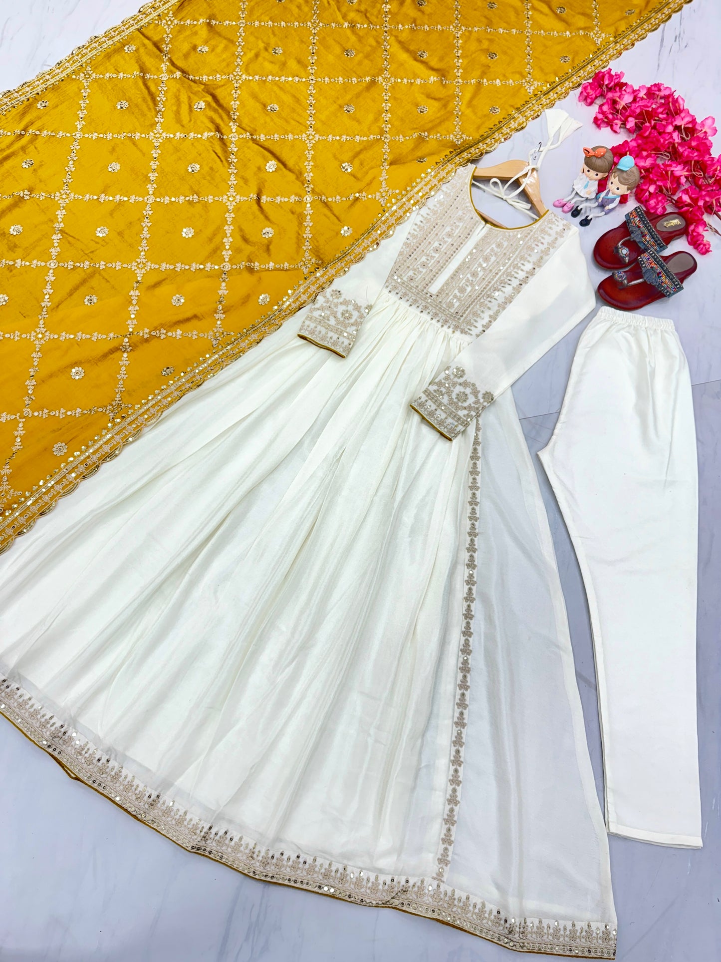Magnificent Pure Chinon Silk Sequins Embroidered Anarkali Pant Suit - INDIAN ELEGANCE