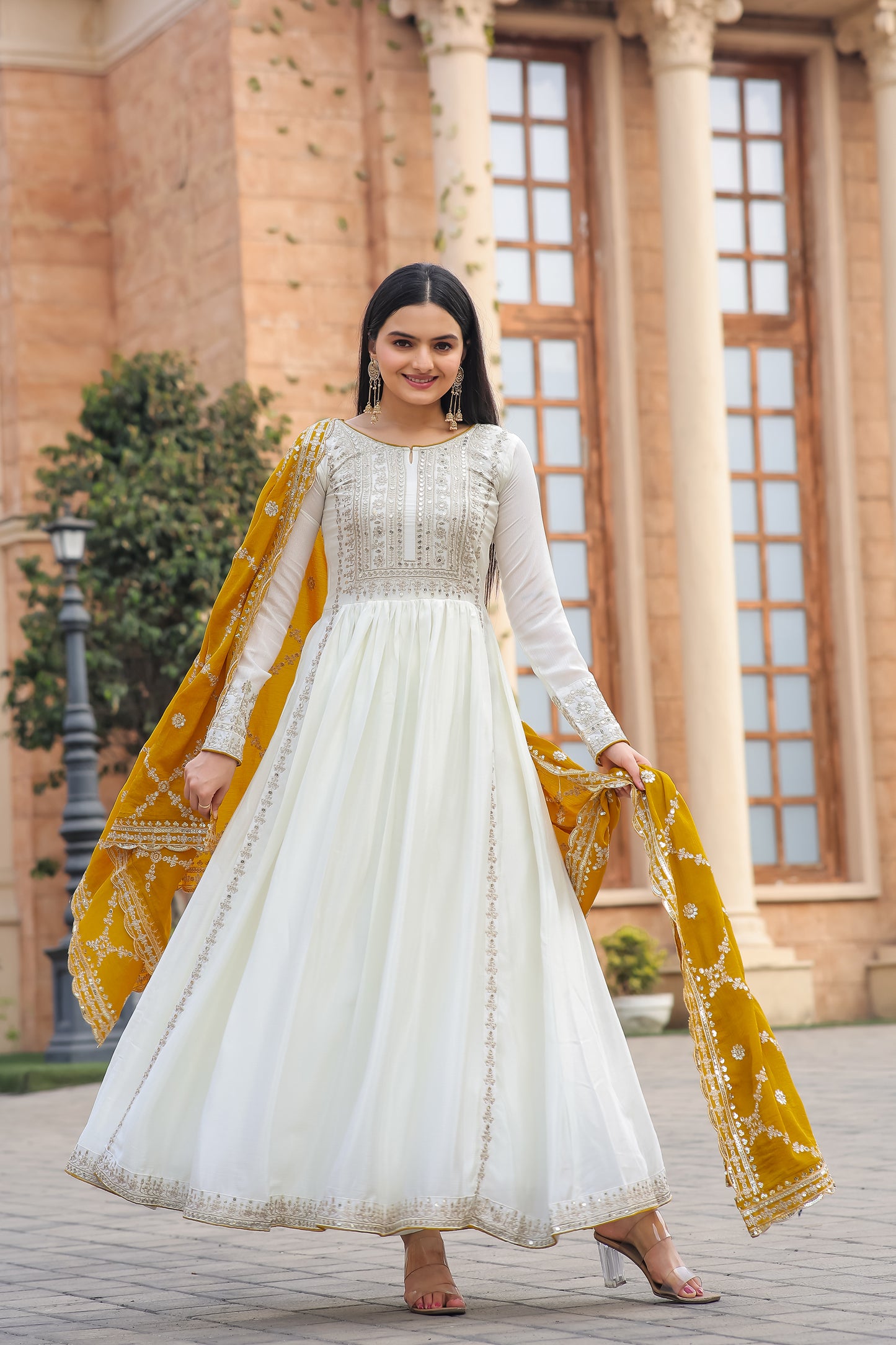 Magnificent Pure Chinon Silk Sequins Embroidered Anarkali Pant Suit - INDIAN ELEGANCE