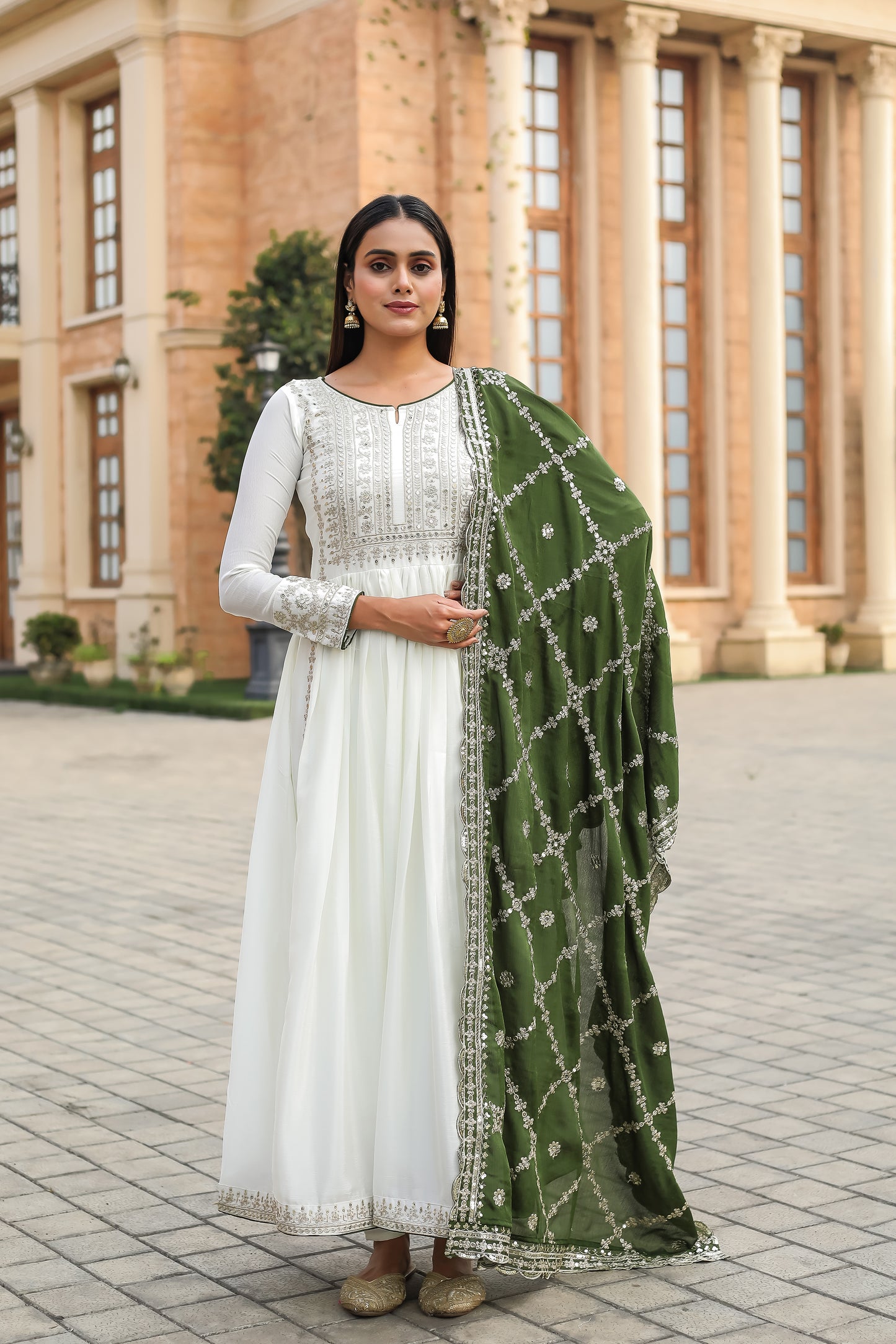 Magnificent Pure Chinon Silk Sequins Embroidered Anarkali Pant Suit - INDIAN ELEGANCE