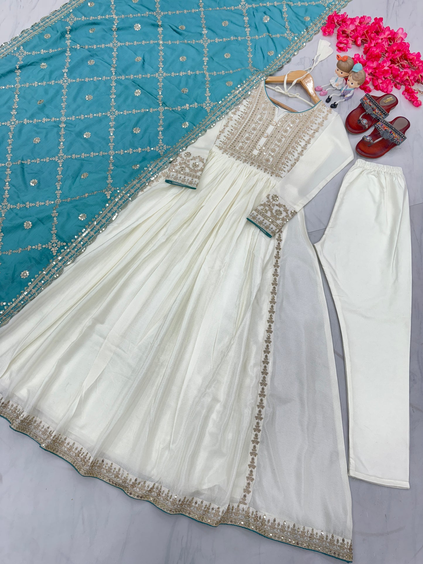 Magnificent Pure Chinon Silk Sequins Embroidered Anarkali Pant Suit - INDIAN ELEGANCE