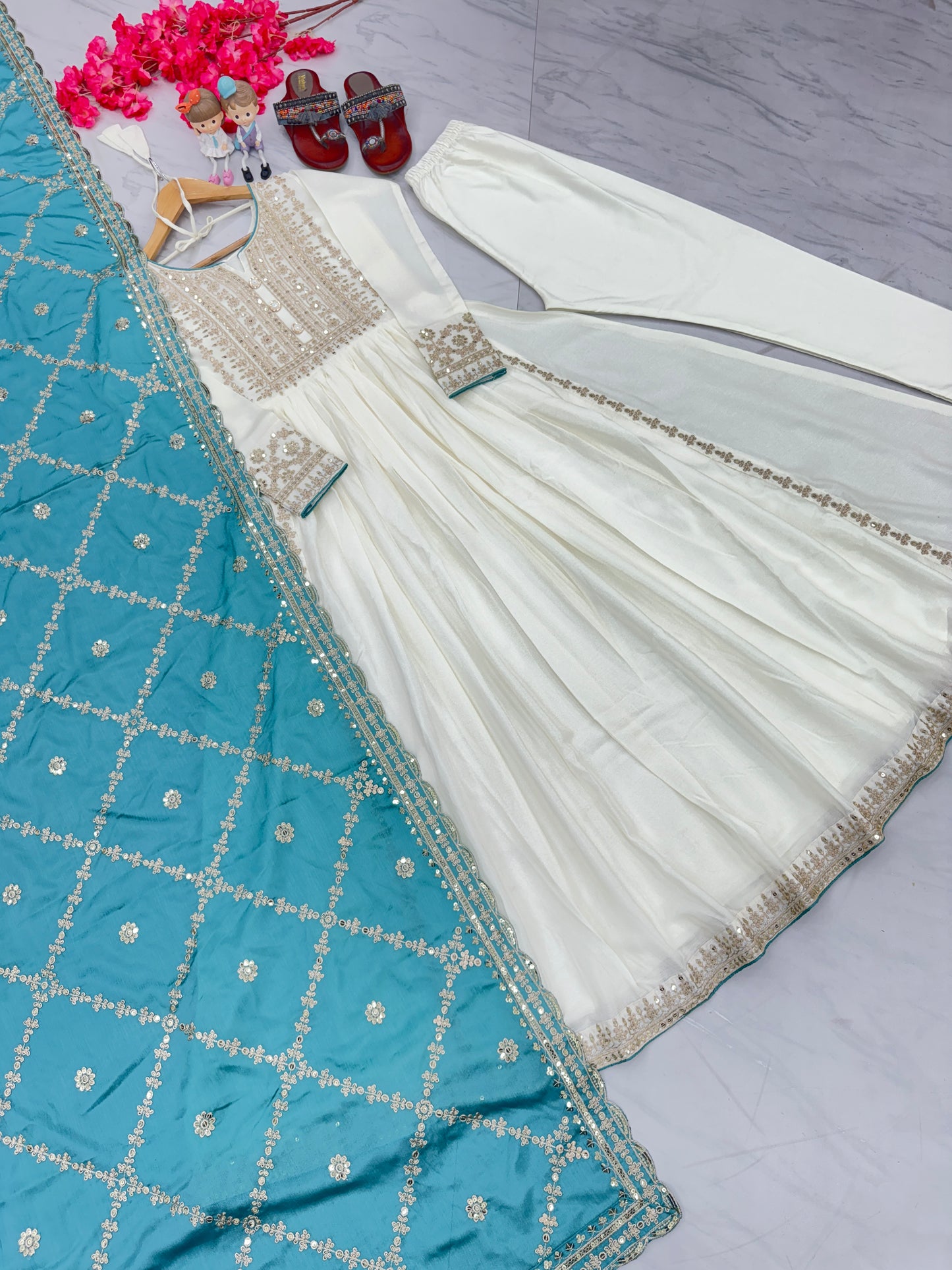 Magnificent Pure Chinon Silk Sequins Embroidered Anarkali Pant Suit - INDIAN ELEGANCE