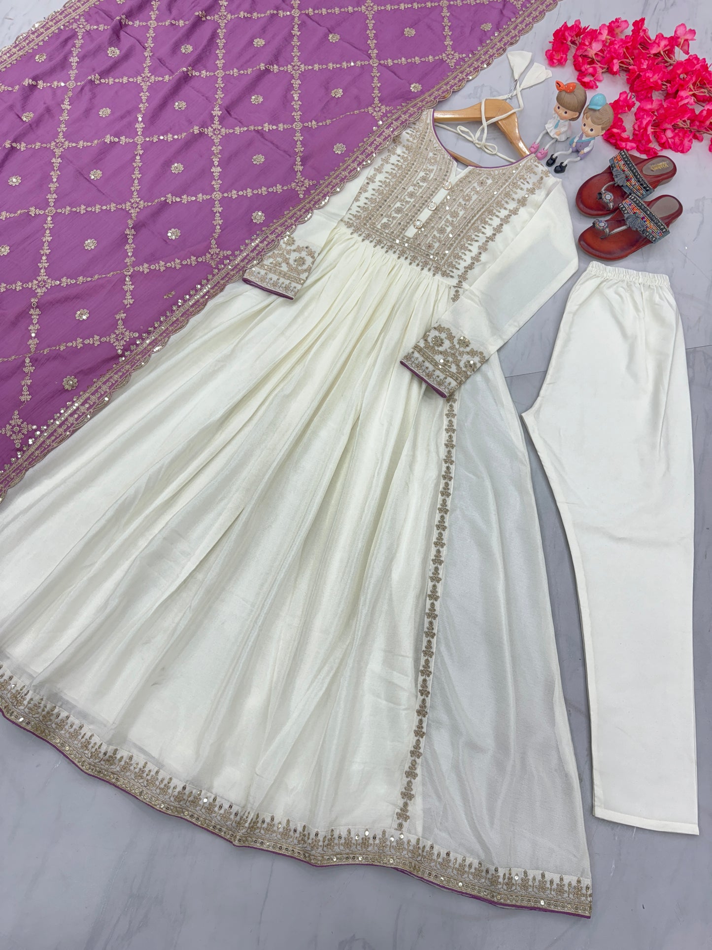 Magnificent Pure Chinon Silk Sequins Embroidered Anarkali Pant Suit - INDIAN ELEGANCE