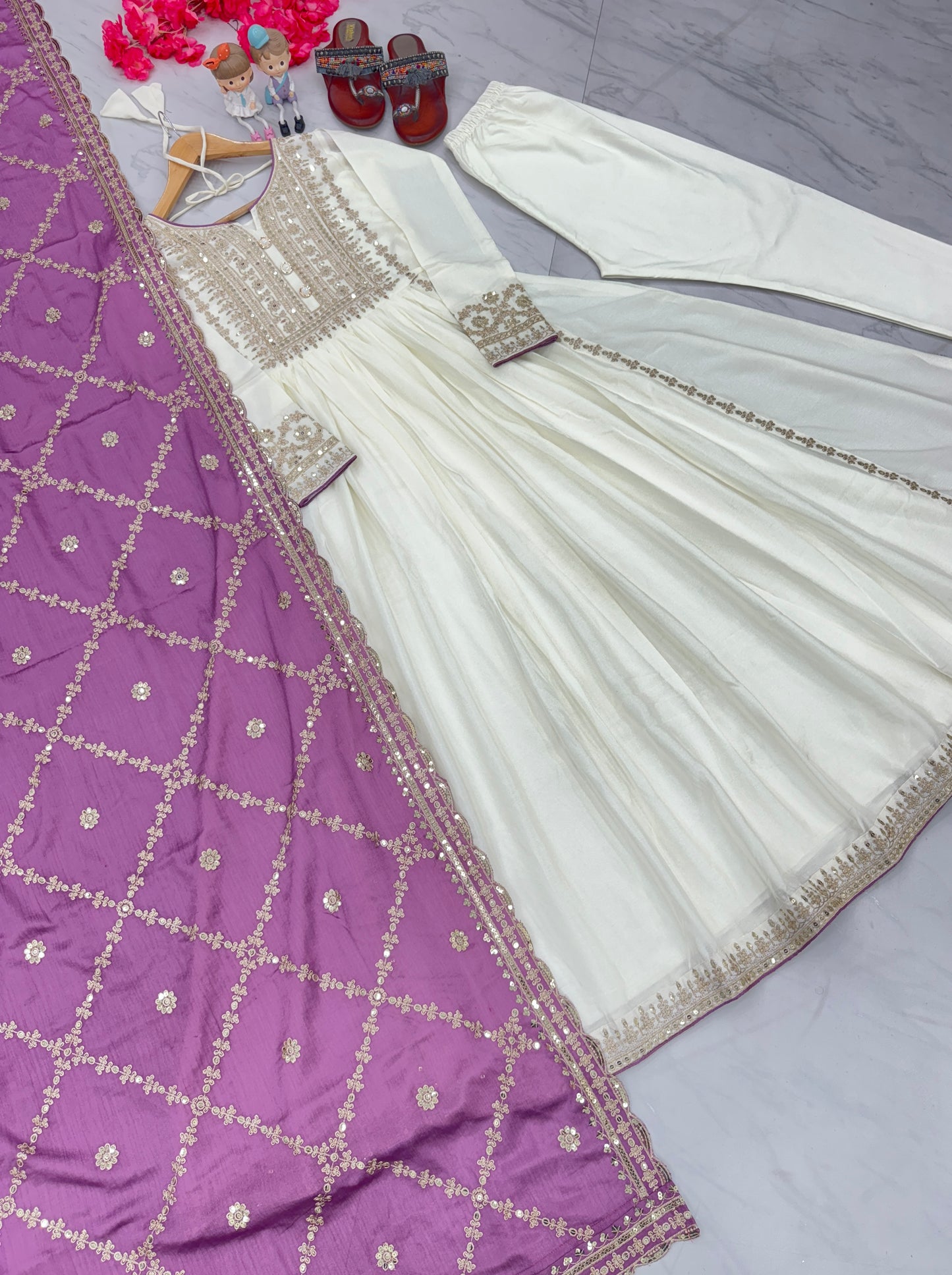 Magnificent Pure Chinon Silk Sequins Embroidered Anarkali Pant Suit - INDIAN ELEGANCE