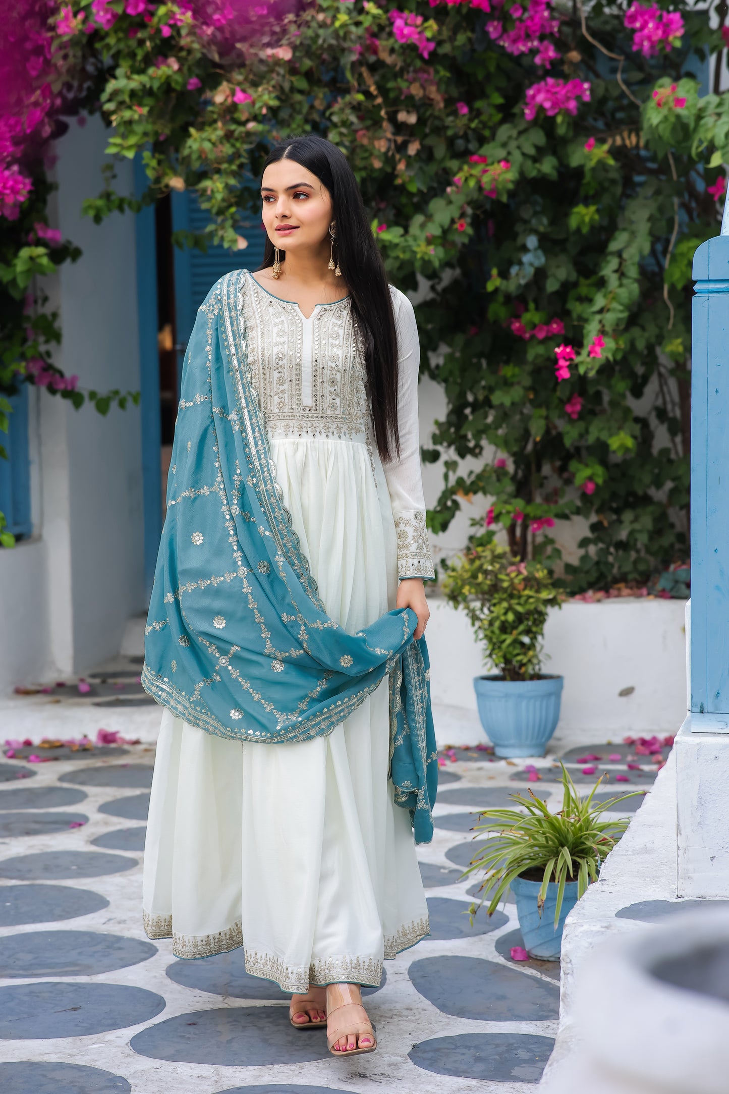 Magnificent Pure Chinon Silk Sequins Embroidered Anarkali Pant Suit - INDIAN ELEGANCE
