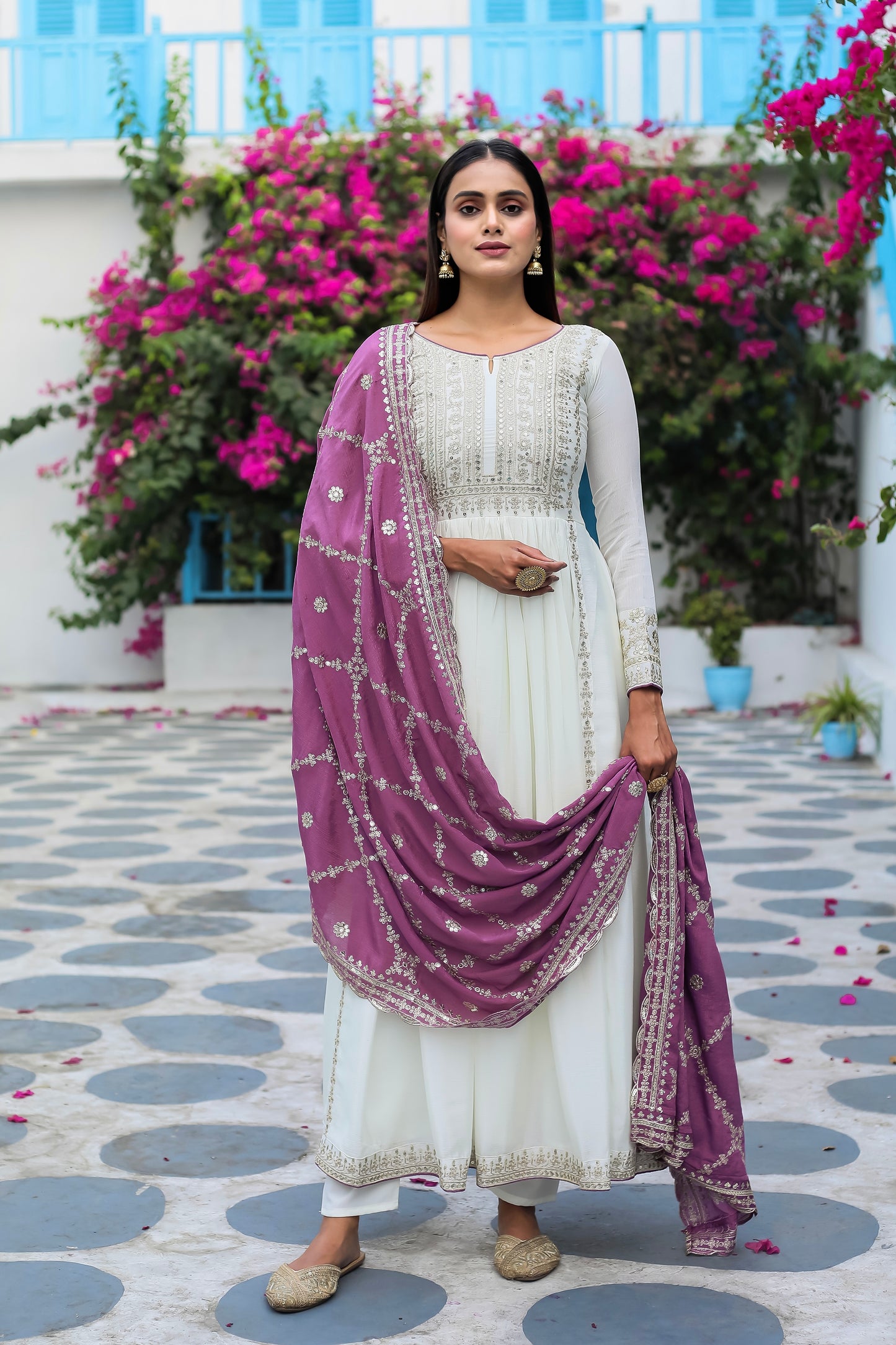 Magnificent Pure Chinon Silk Sequins Embroidered Anarkali Pant Suit - INDIAN ELEGANCE