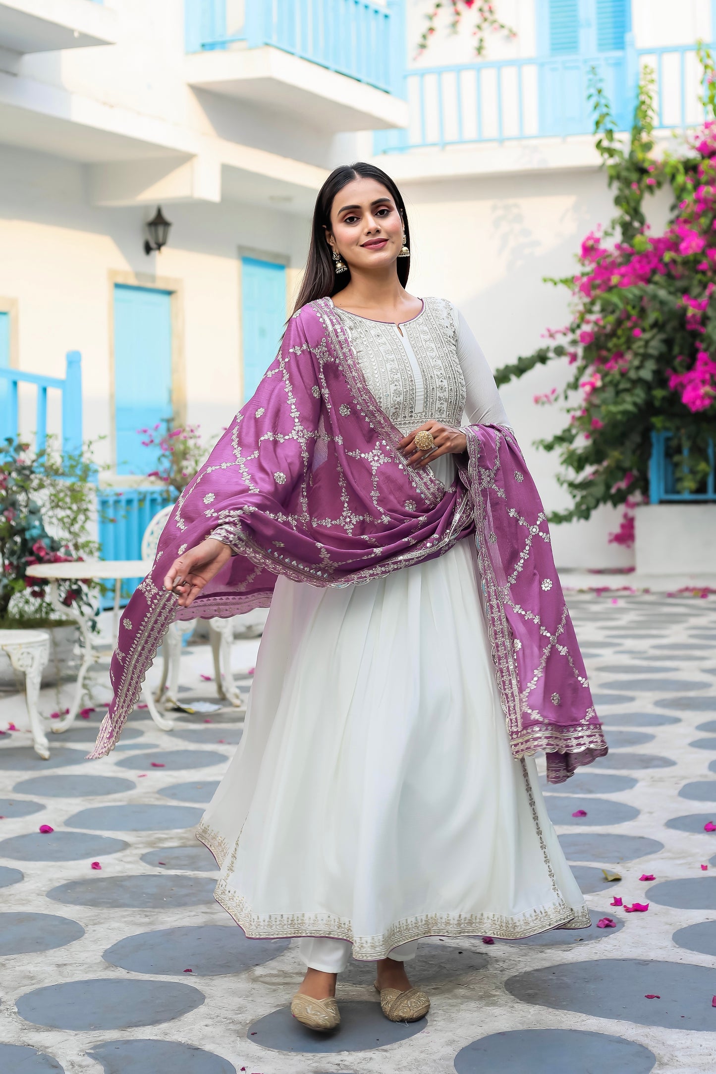 Magnificent Pure Chinon Silk Sequins Embroidered Anarkali Pant Suit - INDIAN ELEGANCE