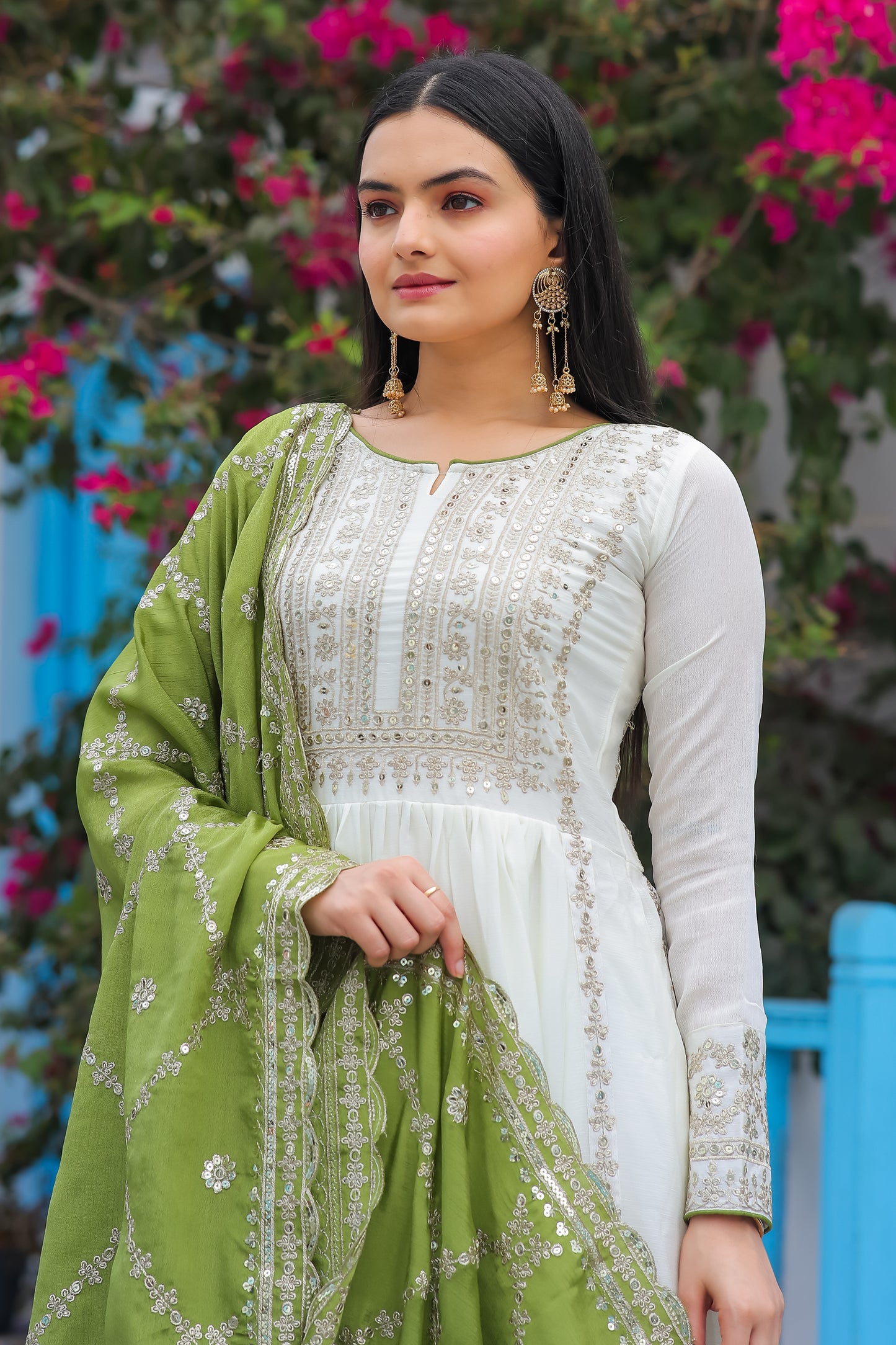 Magnificent Pure Chinon Silk Sequins Embroidered Anarkali Pant Suit - INDIAN ELEGANCE