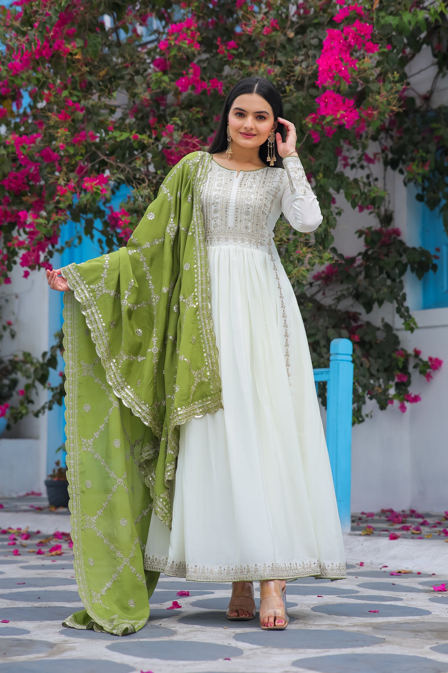 Magnificent Pure Chinon Silk Sequins Embroidered Anarkali Pant Suit - INDIAN ELEGANCE