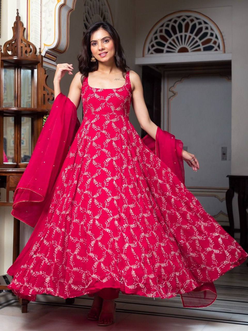 Rani Pink Faux Georgette Anarkali Sharara Set with Sequin & Thread Embroidery.