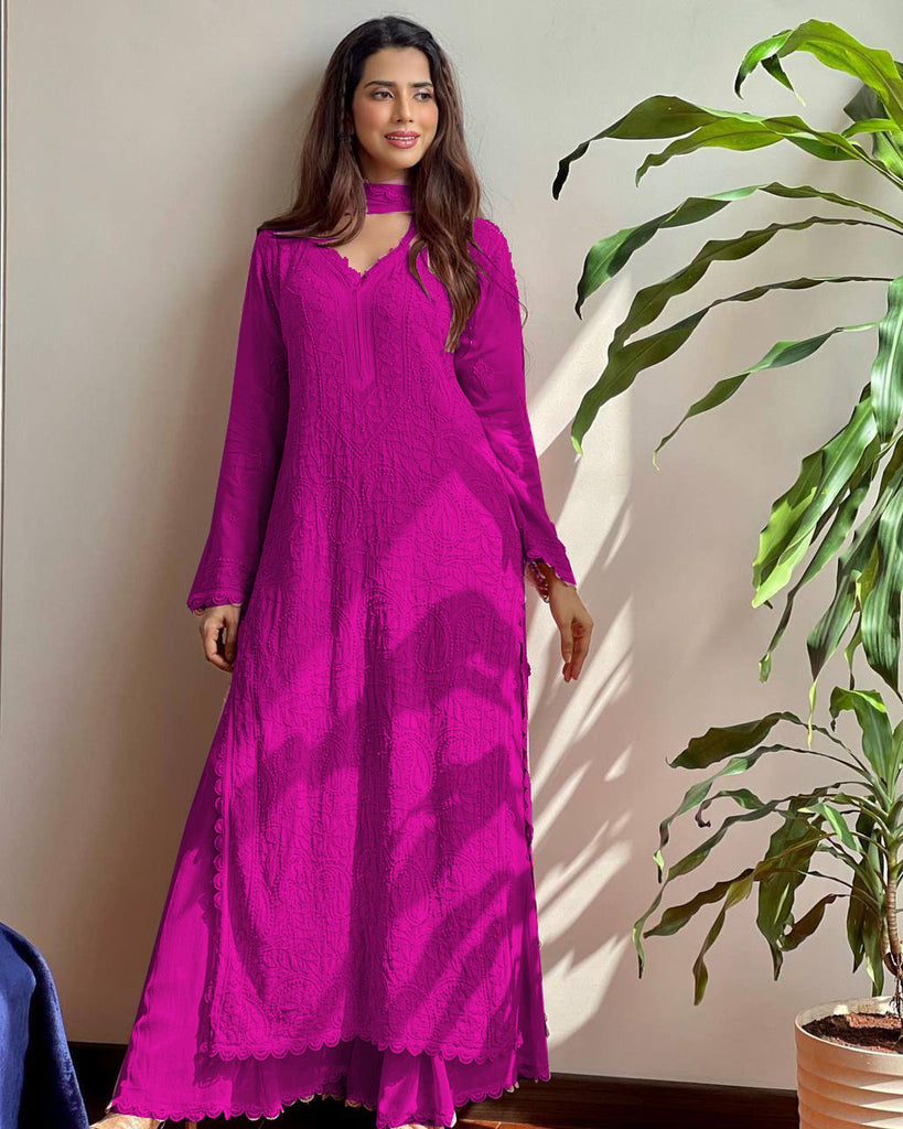 Chikankari Embroidered Kurta Palazzo Dupatta Set – Elegant Ethnic Wear for Every Occasion