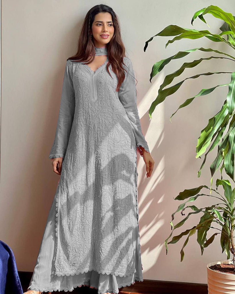 Chikankari Embroidered Kurta Palazzo Dupatta Set – Elegant Ethnic Wear for Every Occasion