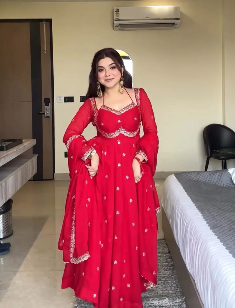 Red Chilli Slit Anarkali Premium Suit Set | Festive & Party Wear Style