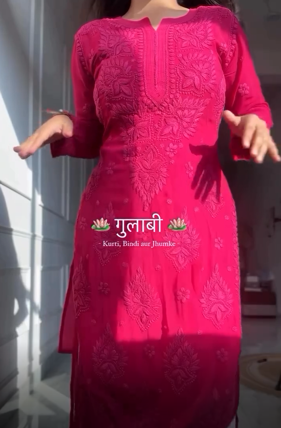 Pink Chikankari Kurta Set For Women