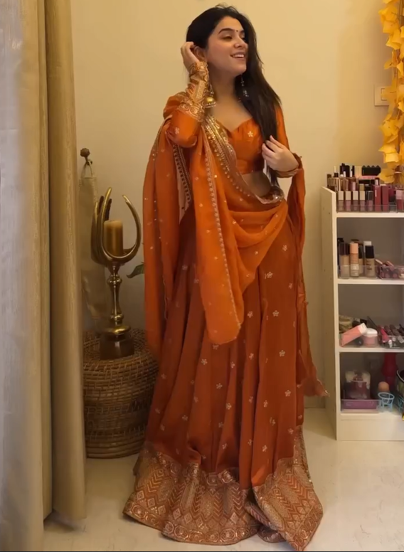 Designer Satin Silk Lehenga Choli Set with Sequins & Thread Work