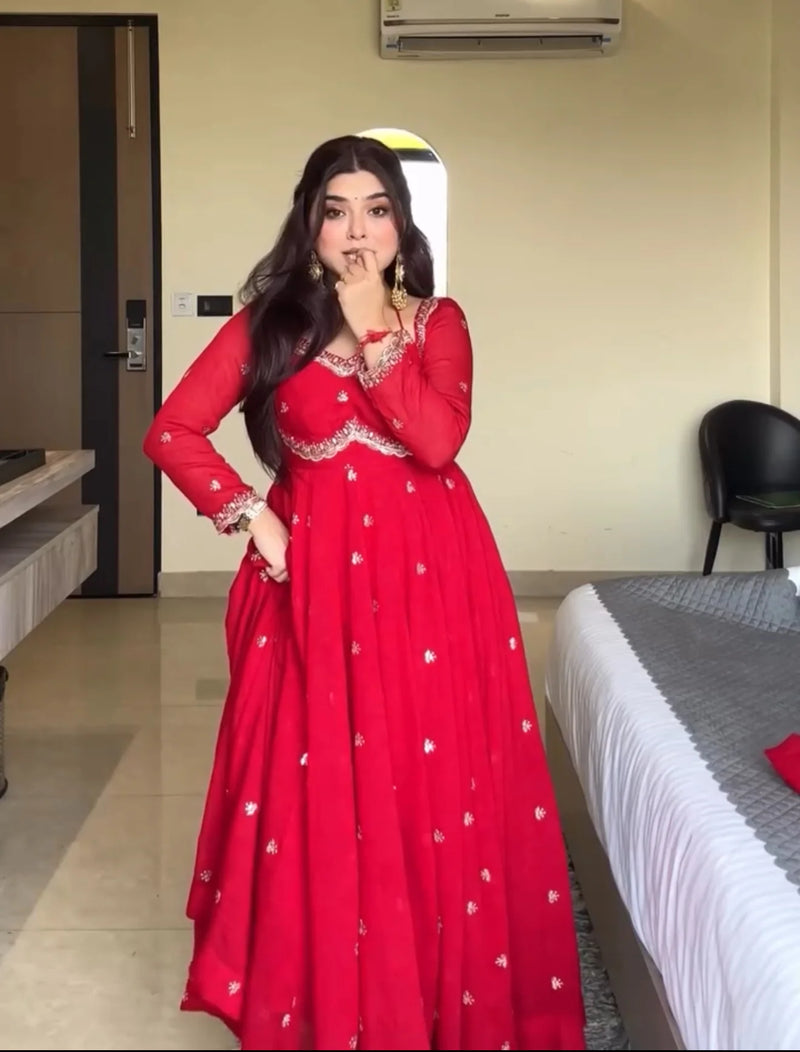 Red Chilli Slit Anarkali Premium Suit Set | Festive & Party Wear Style