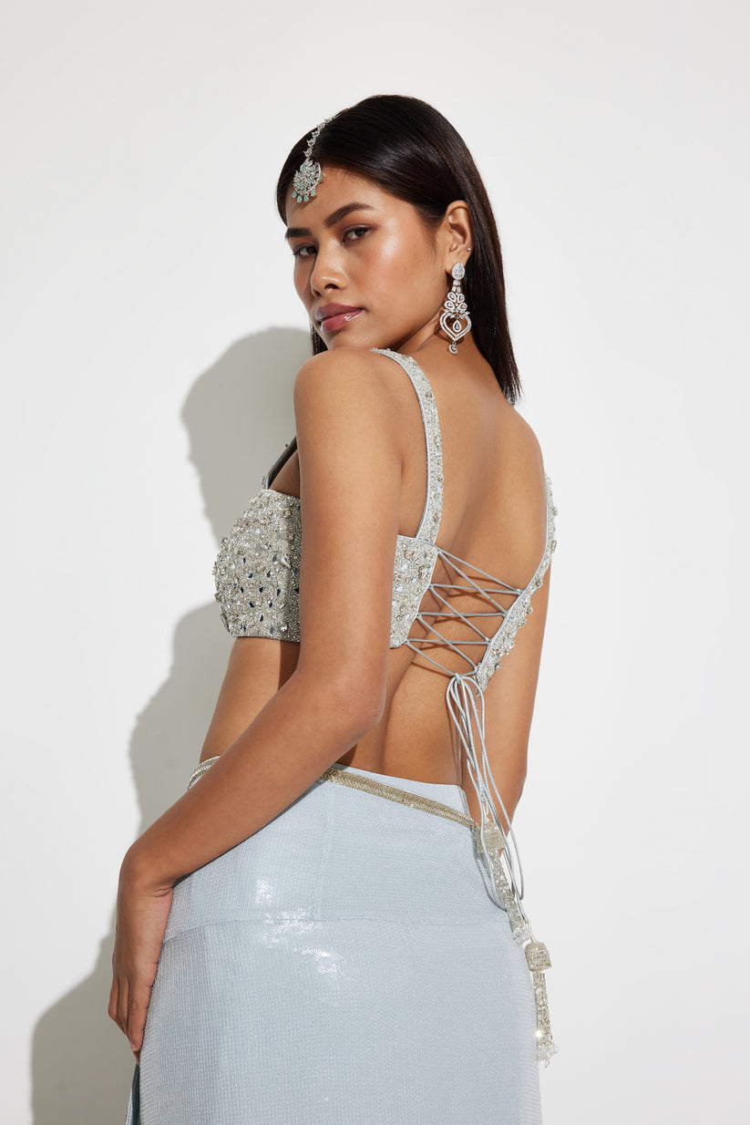 Modern Party Wear Icy Blue Ready-to-Wear Sequin Saree