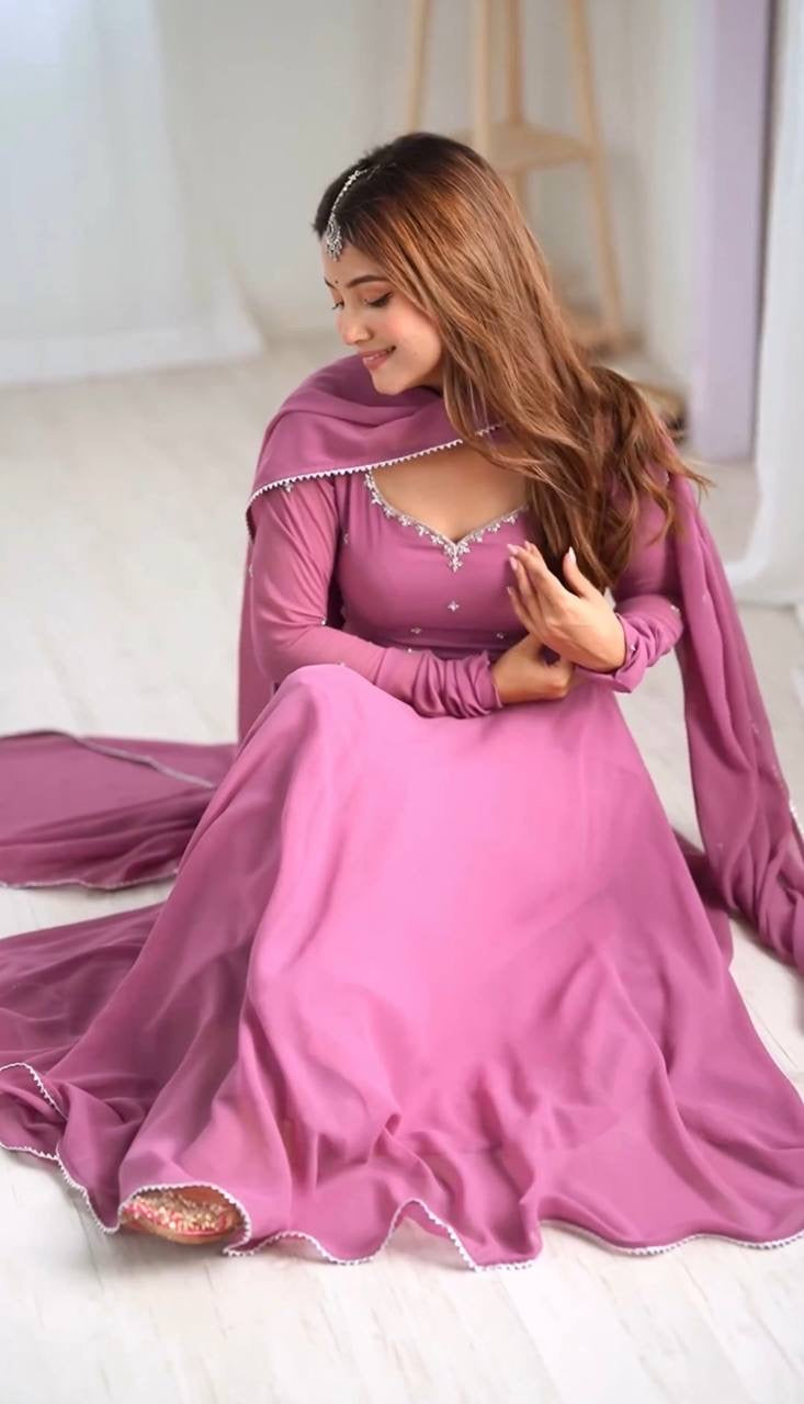 Lavender Color Gerogatte Fabric Fully Stiched Anarkali