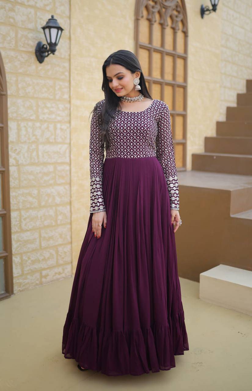 Stunning Wine Faux Georgette Sequins Zari Worked Designer Gown - INDIAN ELEGANCE