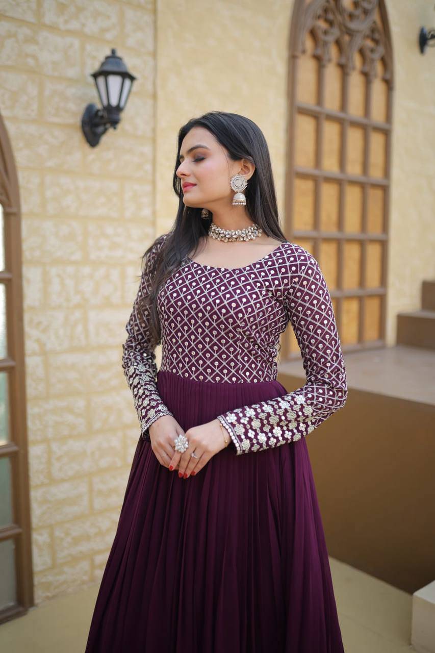 Stunning Wine Faux Georgette Sequins Zari Worked Designer Gown - INDIAN ELEGANCE