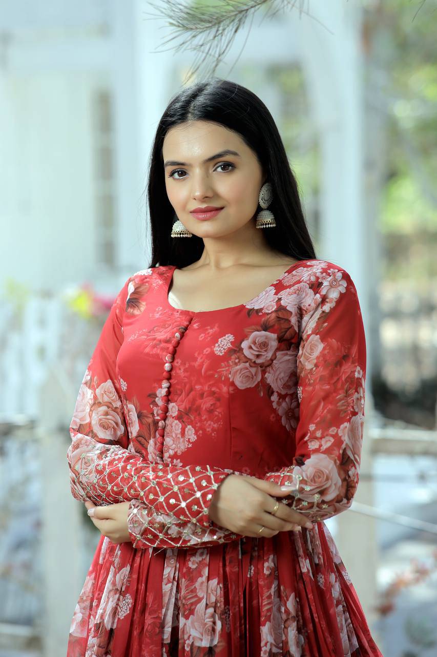 Timeless Floral Digital Printed Faux Georgette Designer Gown - INDIAN ELEGANCE