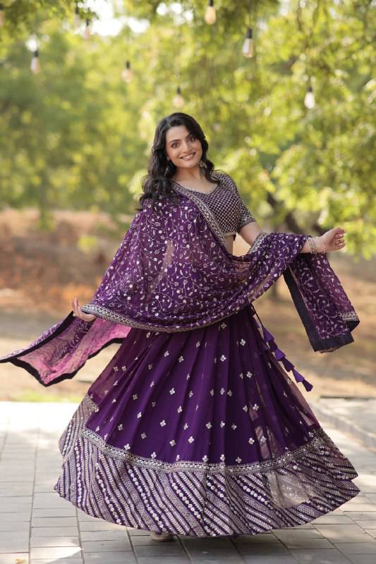 Ravishing Purple Faux Georgette Wedding Wear Lehenga Choli - INDIAN ELEGANCE