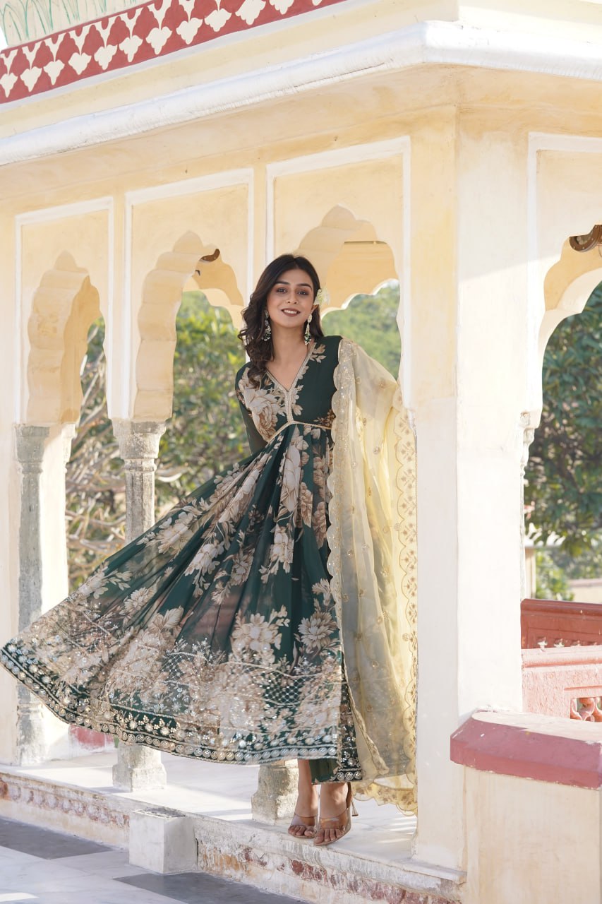 Entrancing Green Russian Silk Floral Gown With Dupatta - INDIAN ELEGANCE