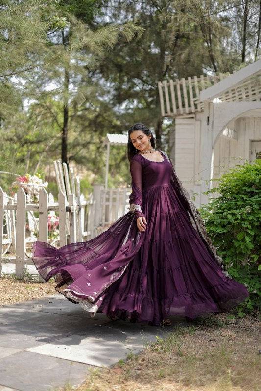 Delightful Faux Georgette 15 Meter Flared Fully Stitched Ruffle Gown - INDIAN ELEGANCE