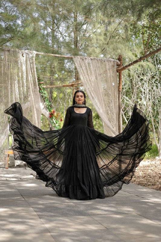 Delightful Faux Georgette 15 Meter Flared Fully Stitched Ruffle Gown - INDIAN ELEGANCE