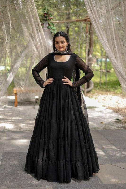 Delightful Faux Georgette 15 Meter Flared Fully Stitched Ruffle Gown - INDIAN ELEGANCE