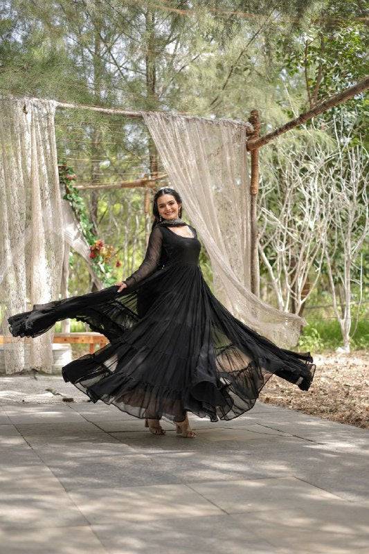 Delightful Faux Georgette 15 Meter Flared Fully Stitched Ruffle Gown - INDIAN ELEGANCE