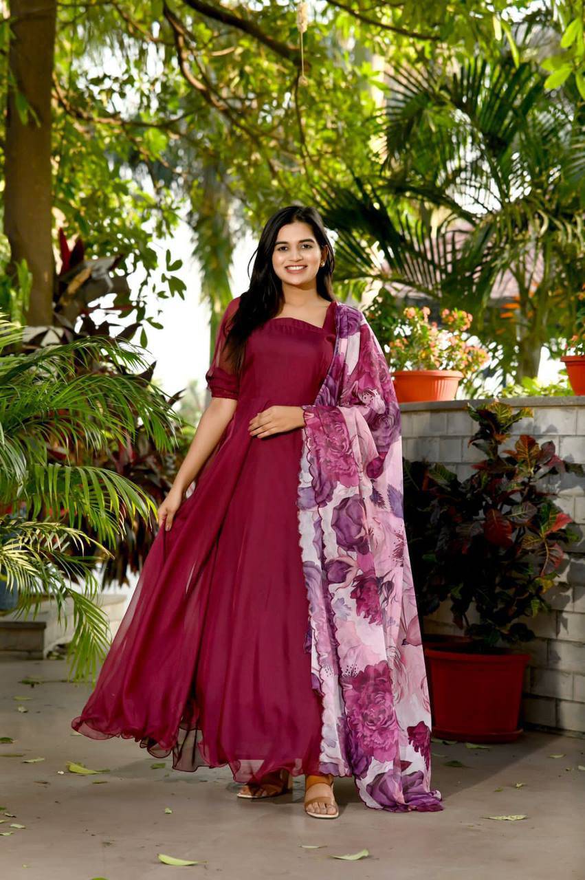 Spectacular Tabby Silk Fully Stitched Flairy Gown With Dupatta - INDIAN ELEGANCE