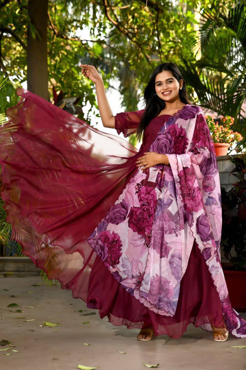 Spectacular Tabby Silk Fully Stitched Flairy Gown With Dupatta - INDIAN ELEGANCE