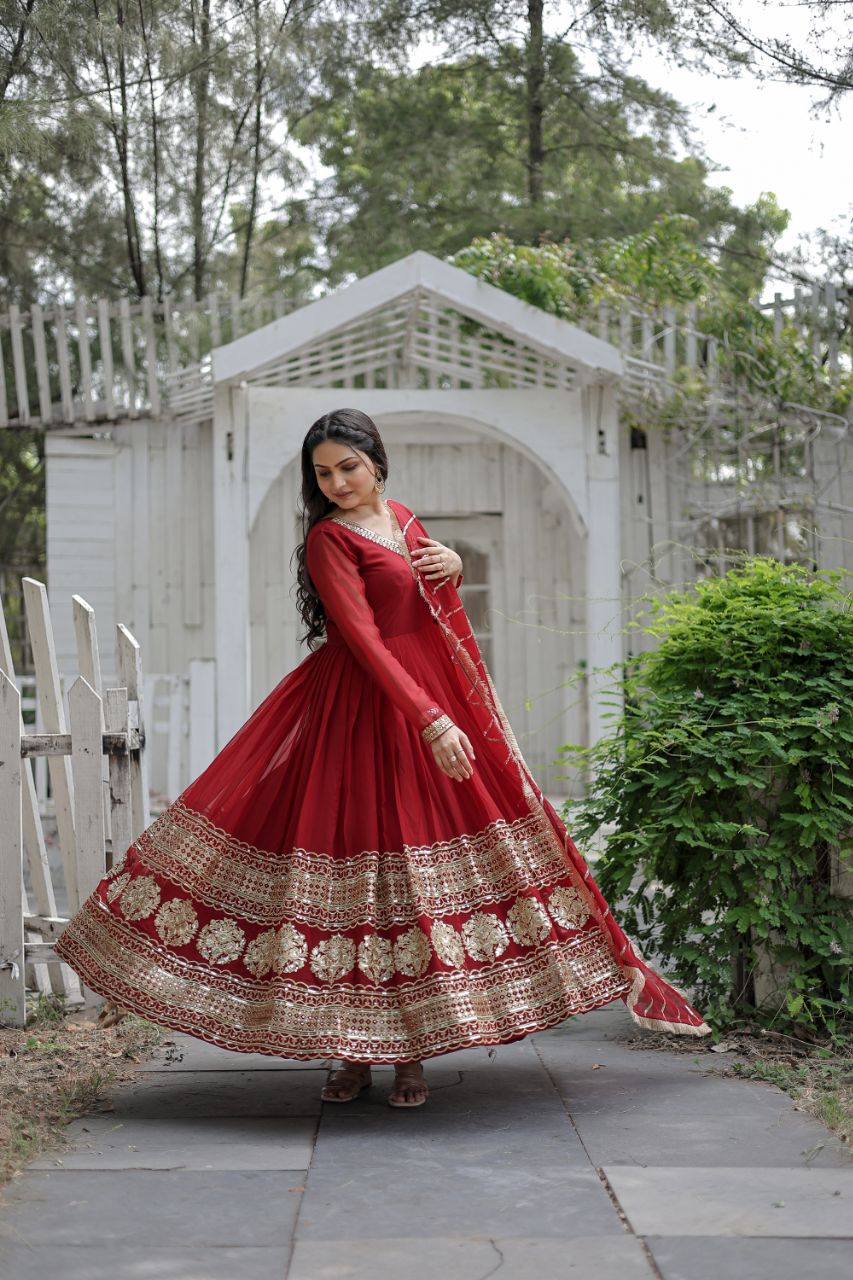 Resplendent Faux Georgette Multi Sequins Worked Designer Gown - INDIAN ELEGANCE