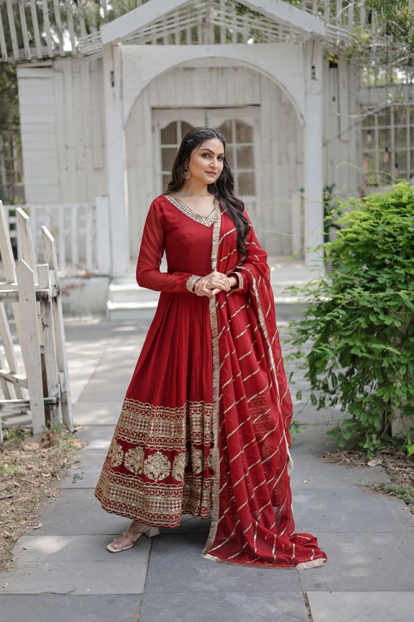 Resplendent Faux Georgette Multi Sequins Worked Designer Gown - INDIAN ELEGANCE