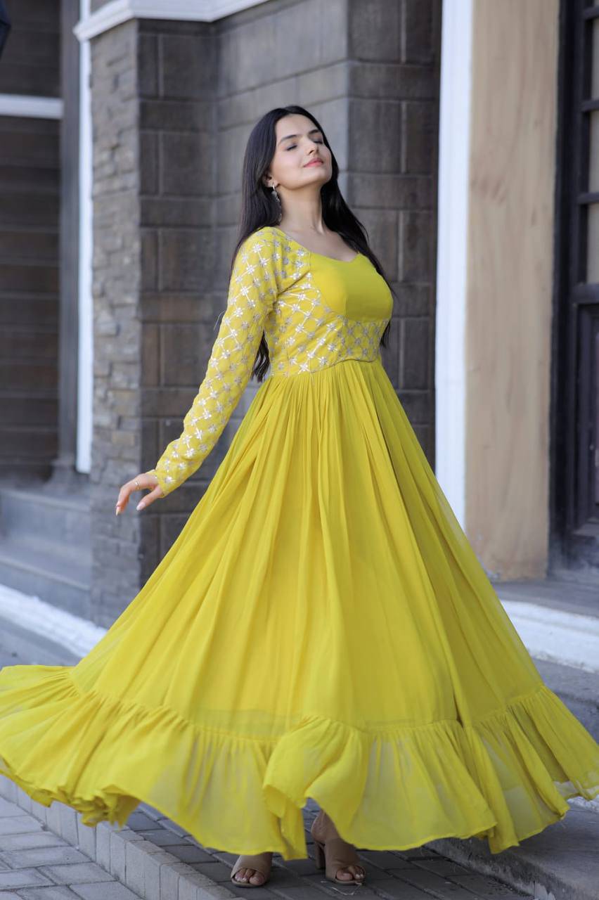 Enchanting Yellow Faux Georgette Sequins Worked Designer Gown - INDIAN ELEGANCE
