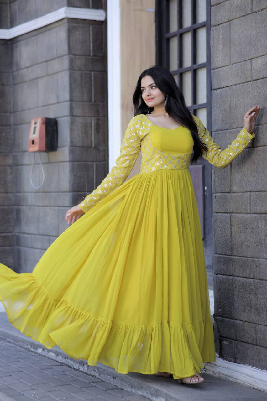 Enchanting Yellow Faux Georgette Sequins Worked Designer Gown - INDIAN ELEGANCE