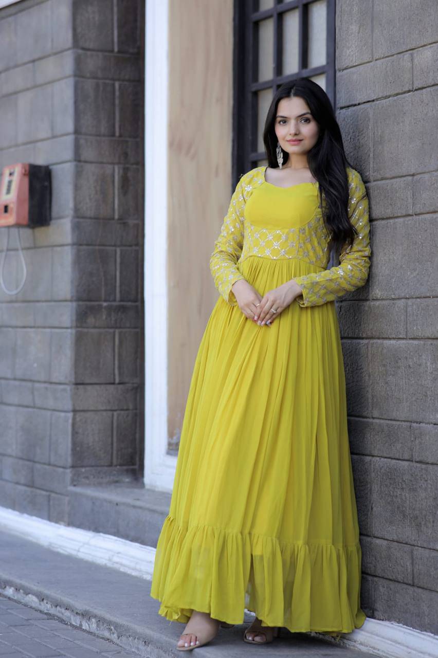 Enchanting Yellow Faux Georgette Sequins Worked Designer Gown - INDIAN ELEGANCE