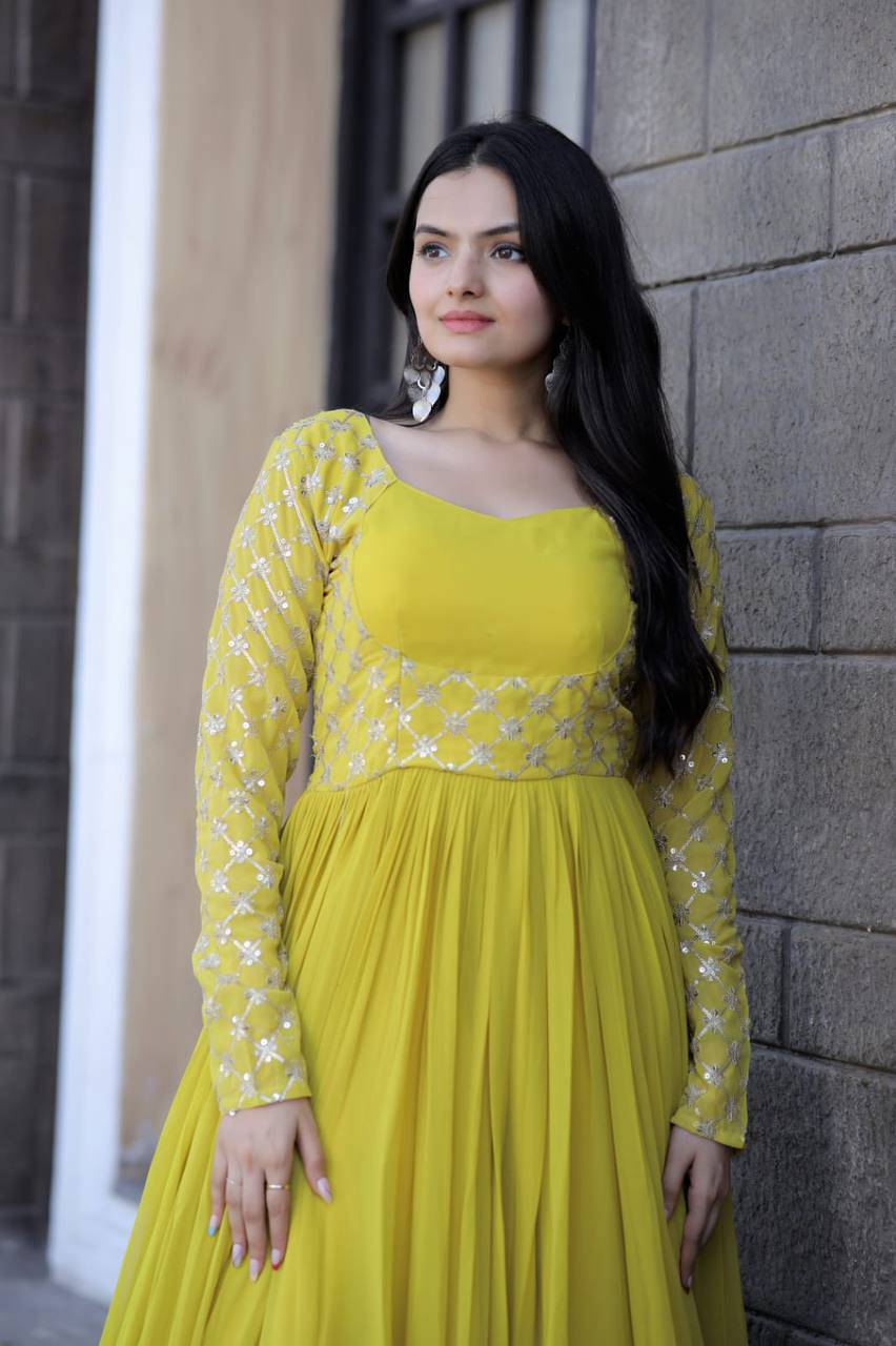 Enchanting Yellow Faux Georgette Sequins Worked Designer Gown - INDIAN ELEGANCE