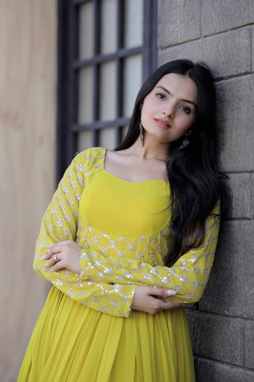 Enchanting Yellow Faux Georgette Sequins Worked Designer Gown - INDIAN ELEGANCE